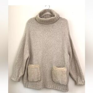 ZARA Gray Turtleneck Knit Sweater Tunic Faux Fur Pocket Dress Size S NWOT